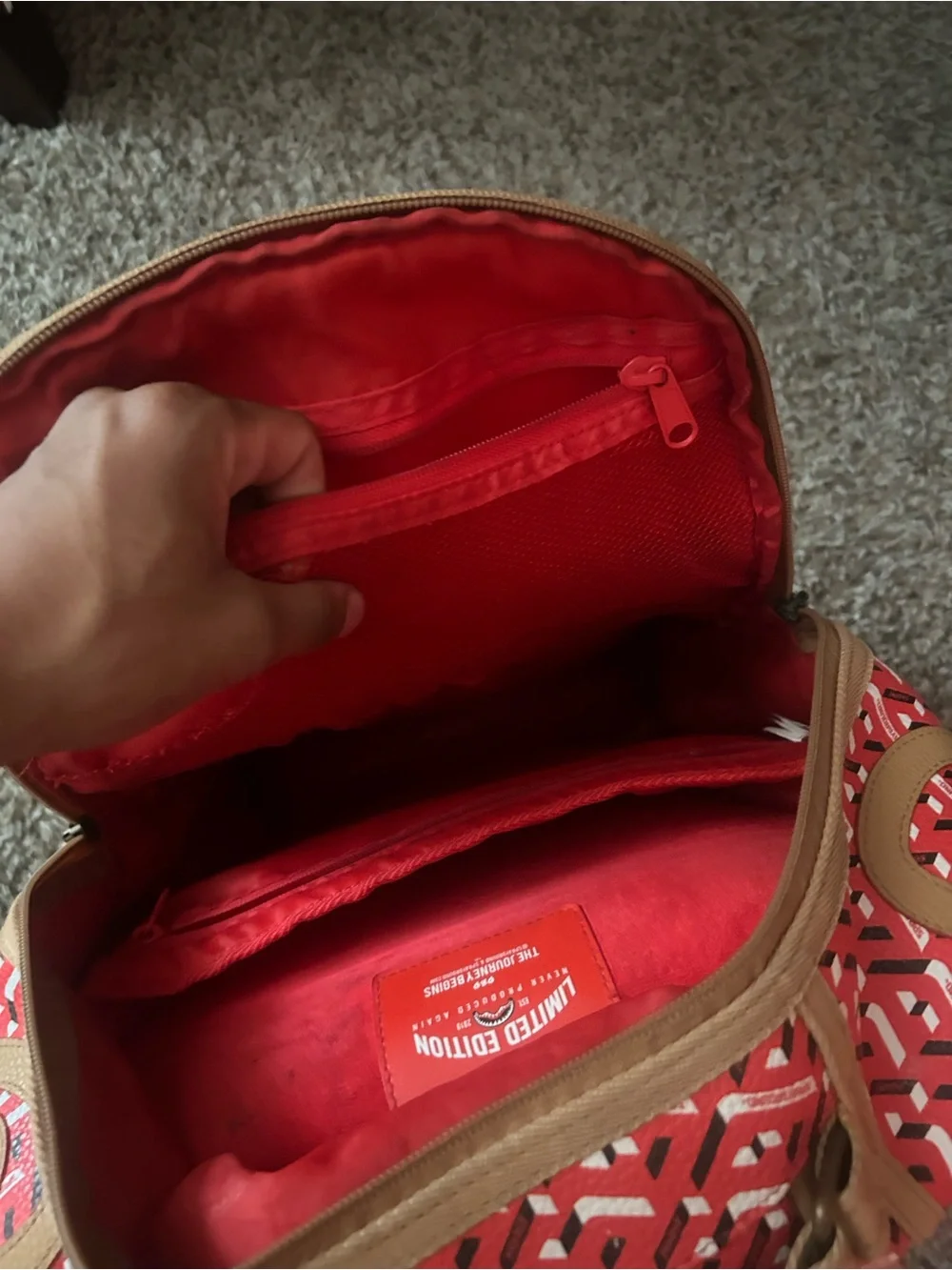 Sprayground Red Patterned Backpack with Tan Accent Panel